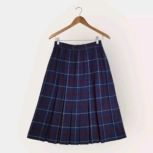 VTG David Brooks Ltd Wool Pleated Midi Skirt 10 Blue Red Plaid Preppy Academia